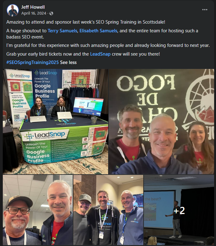 An SEO Spring Training attendee post on Facebook