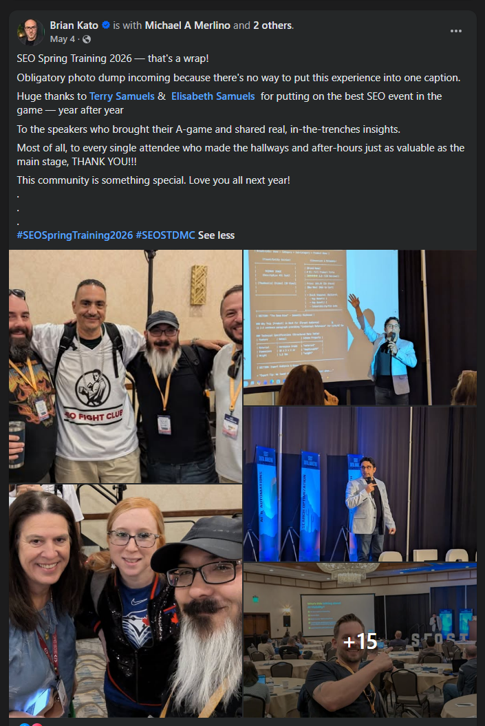 An SEO Spring Training attendee post on Facebook