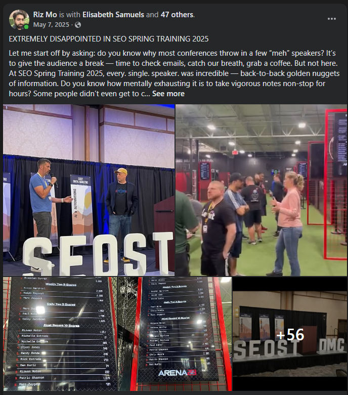An SEO Spring Training attendee post on Facebook