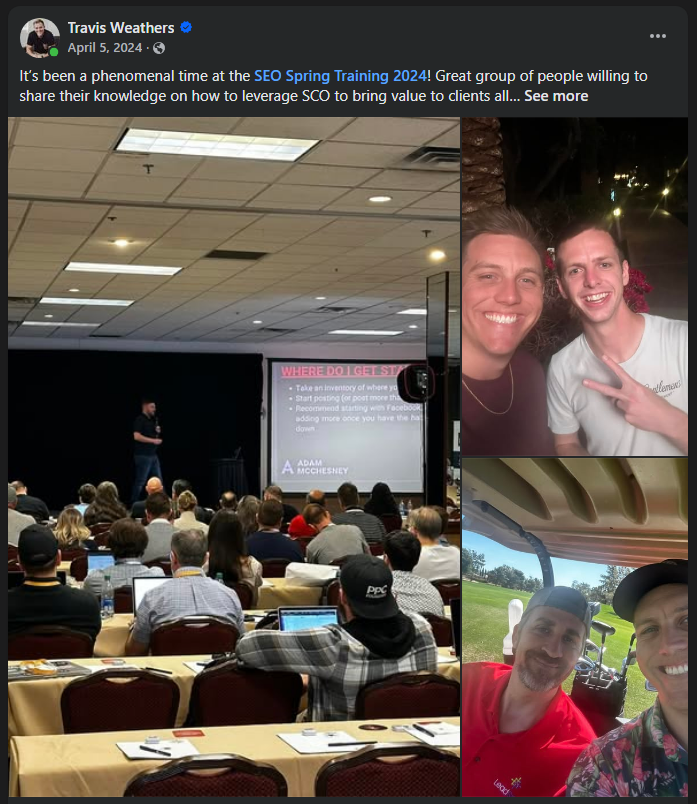 An SEO Spring Training attendee post on Facebook
