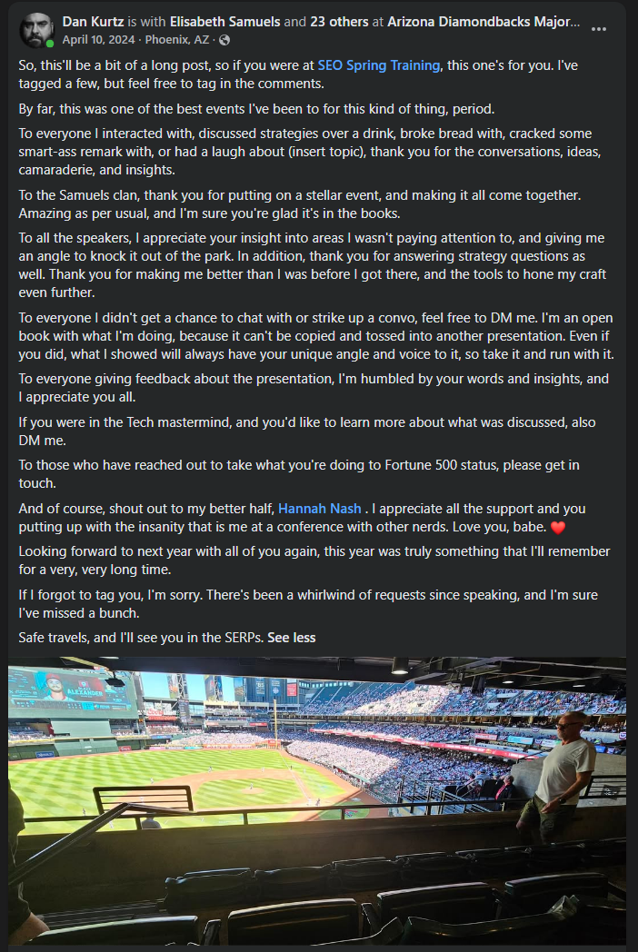 An SEO Spring Training attendee post on Facebook