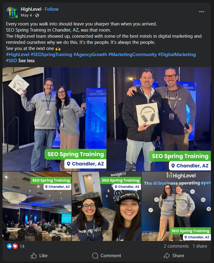 An SEO Spring Training attendee post on Facebook