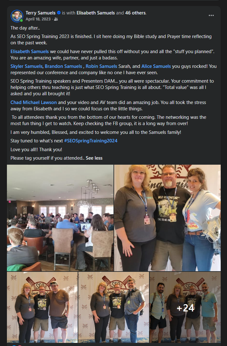 An SEO Spring Training attendee post on Facebook