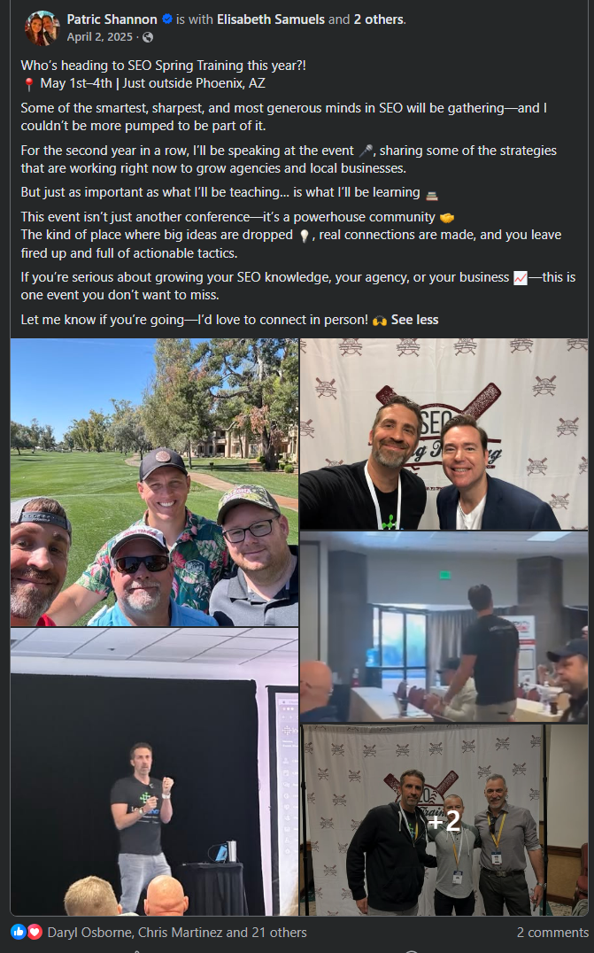 An SEO Spring Training attendee post on Facebook