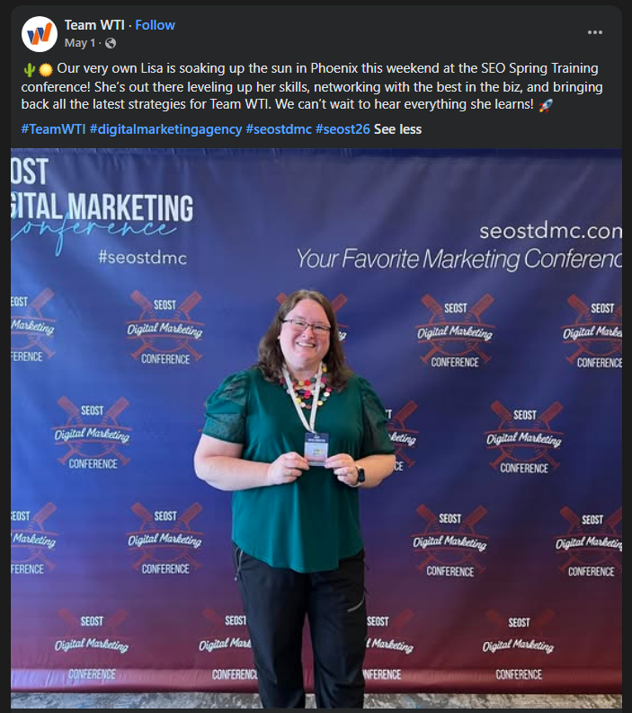 An SEO Spring Training attendee post on Facebook